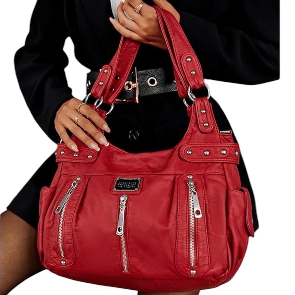 Scarleton Vintage Y2K Red Leather Grunge Studded Zip Hobo Handbag